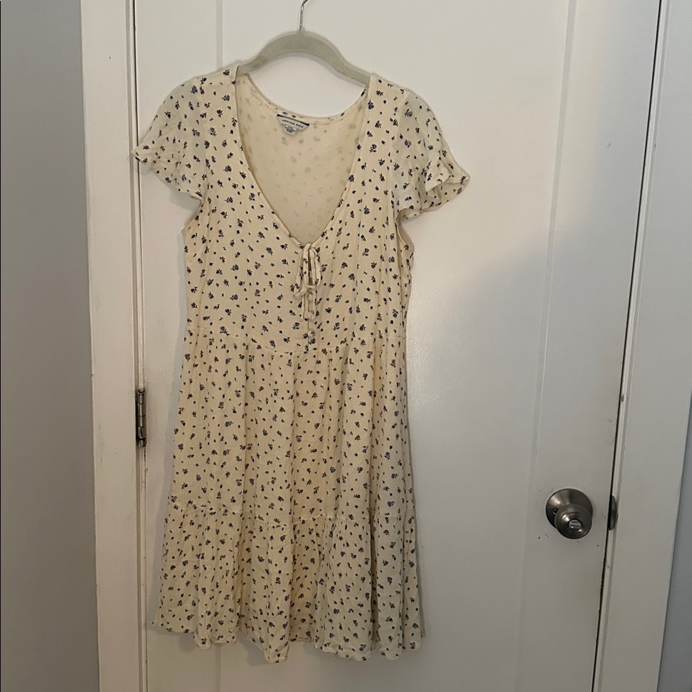 American Eagle Outfitters Cream Dress with Blue Floral Design